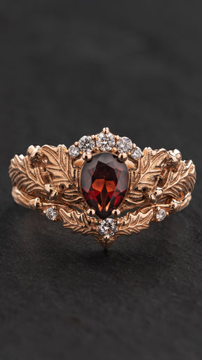 READY TO SHIP: Royal oak ring set in 14K rose gold, natural garnet pear cut 7x5 mm, moissanites, AVAILABLE RING SIZES: 5.5 - 8.5 US - Eden Garden Jewelry™