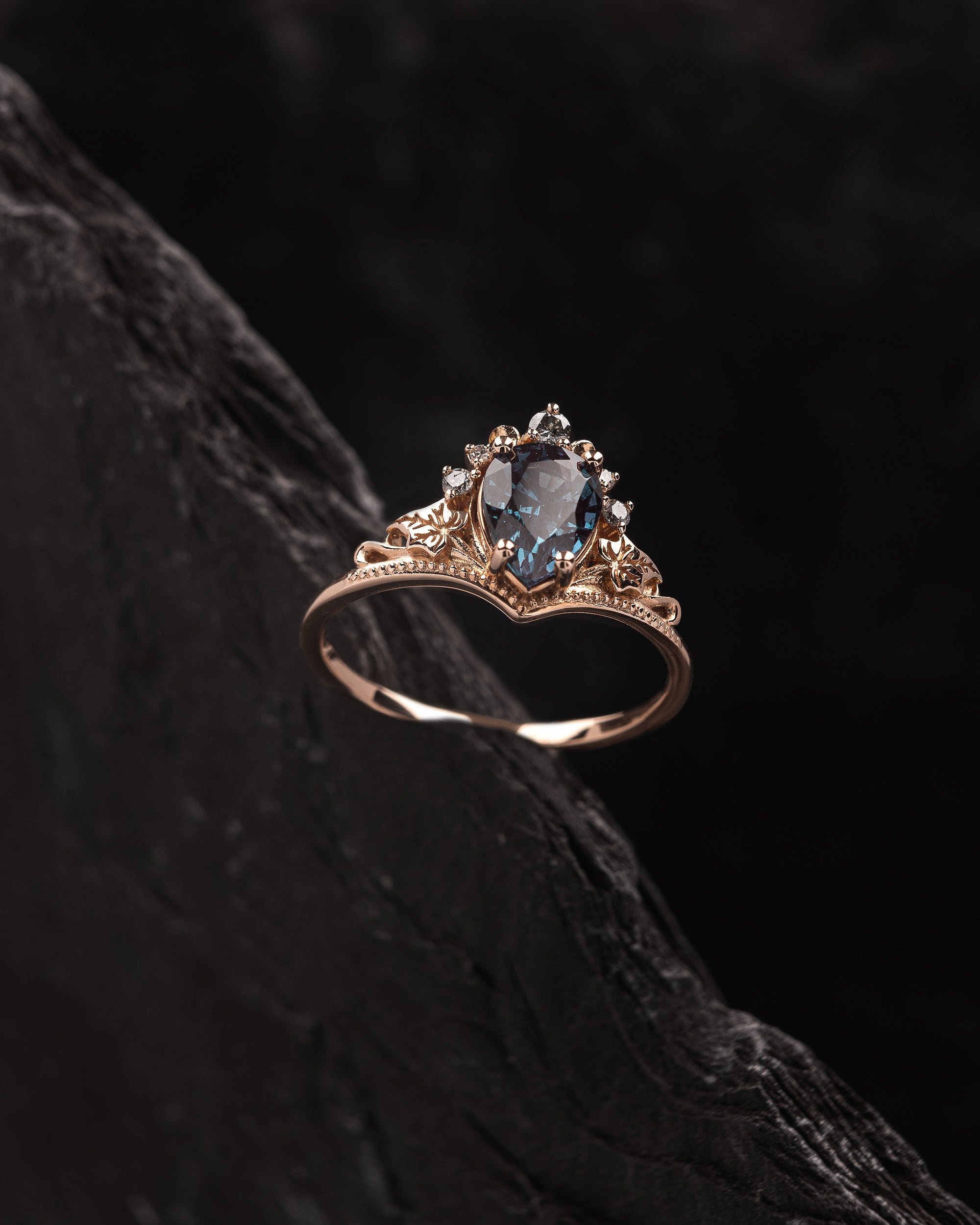 READY TO SHIP: Ariadne bridal set, lab alexandrite, pear-cut, accent salt & pepper diamonds, 14K rose gold, AVAILABLE RING SIZES: 5.5 - 8.5 US - Eden Garden Jewelry™