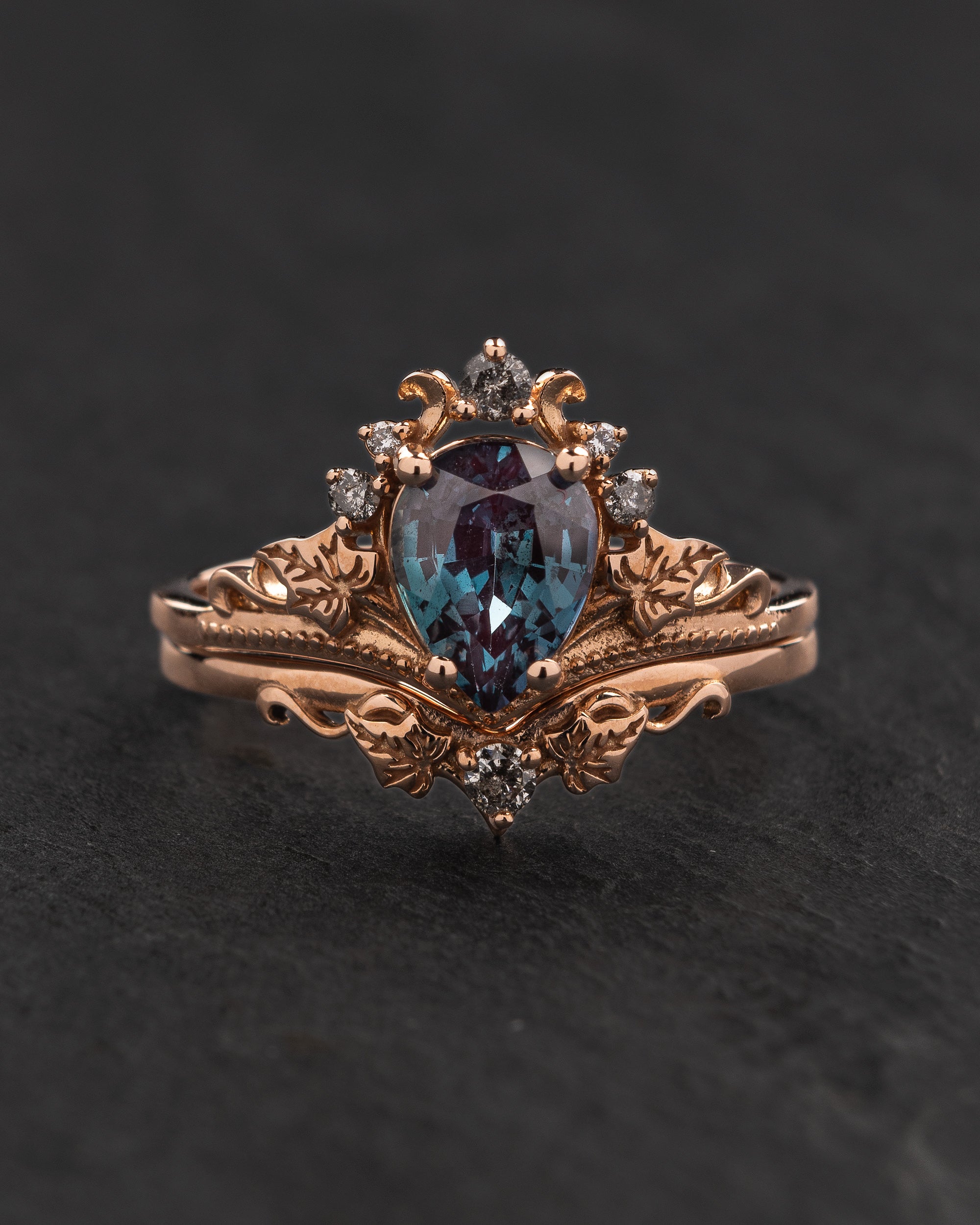 READY TO SHIP: Ariadne bridal set, lab alexandrite, pear-cut, accent salt & pepper diamonds, 14K rose gold, AVAILABLE RING SIZES: 5.5 - 8.5 US - Eden Garden Jewelry™