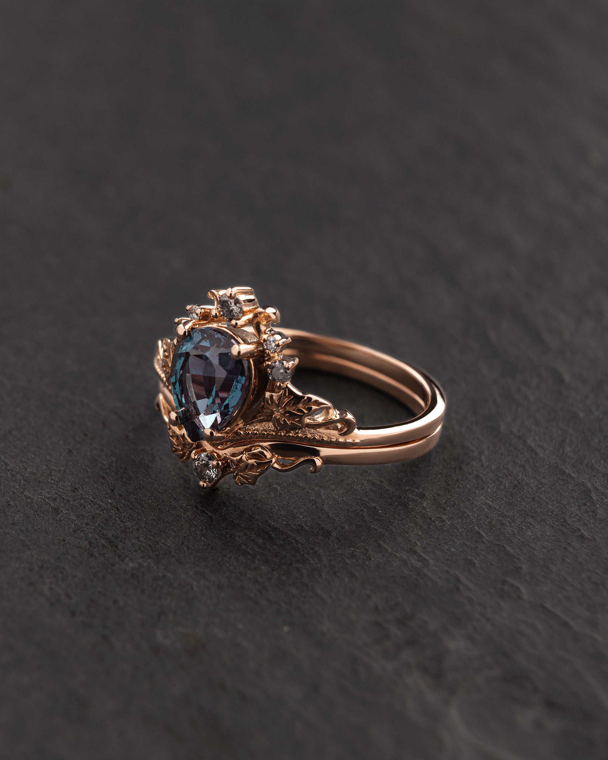 READY TO SHIP: Ariadne bridal set, lab alexandrite, pear-cut, accent salt & pepper diamonds, 14K rose gold, AVAILABLE RING SIZES: 5.5 - 8.5 US - Eden Garden Jewelry™