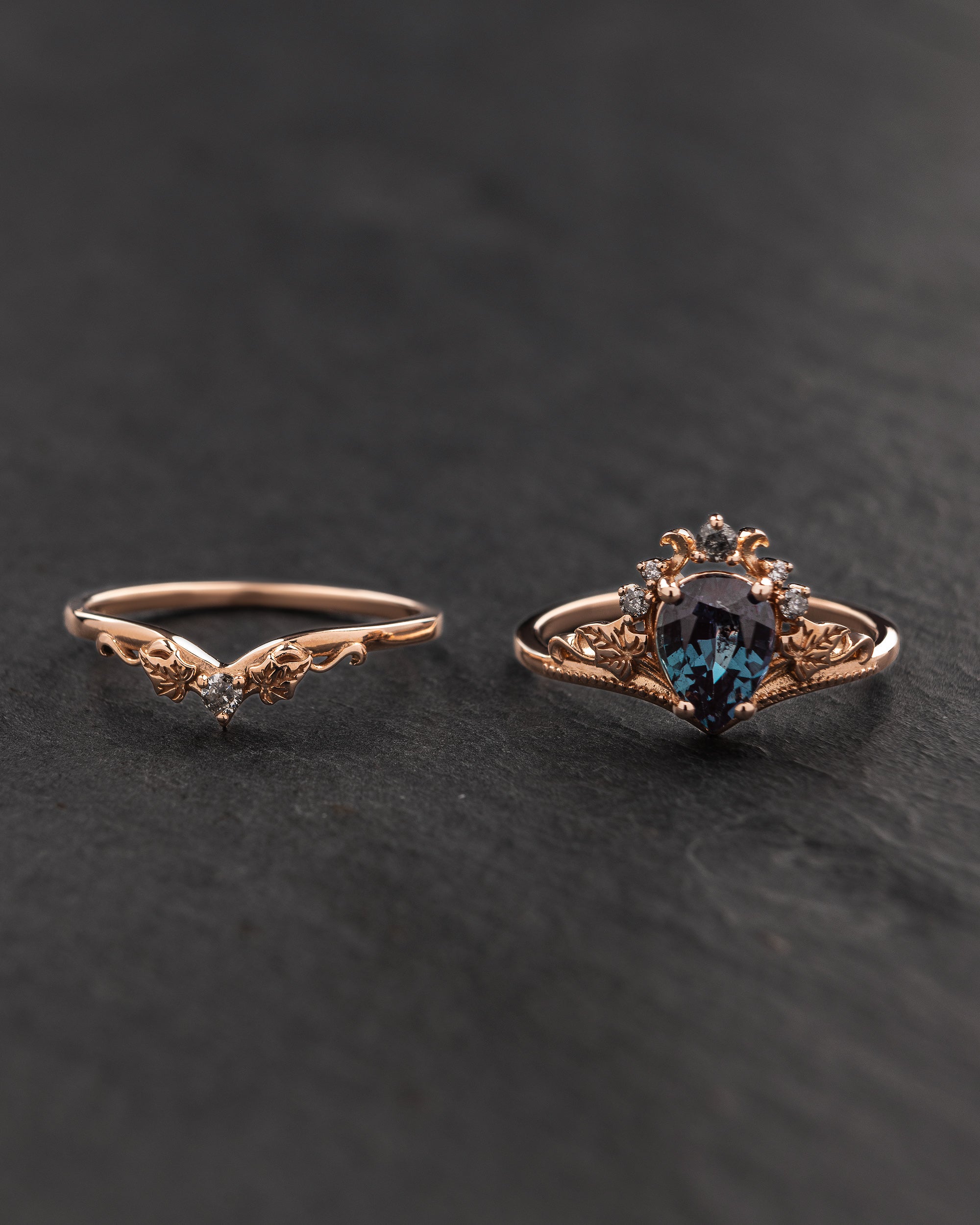 READY TO SHIP: Ariadne bridal set, lab alexandrite, pear-cut, accent salt & pepper diamonds, 14K rose gold, AVAILABLE RING SIZES: 5.5 - 8.5 US - Eden Garden Jewelry™