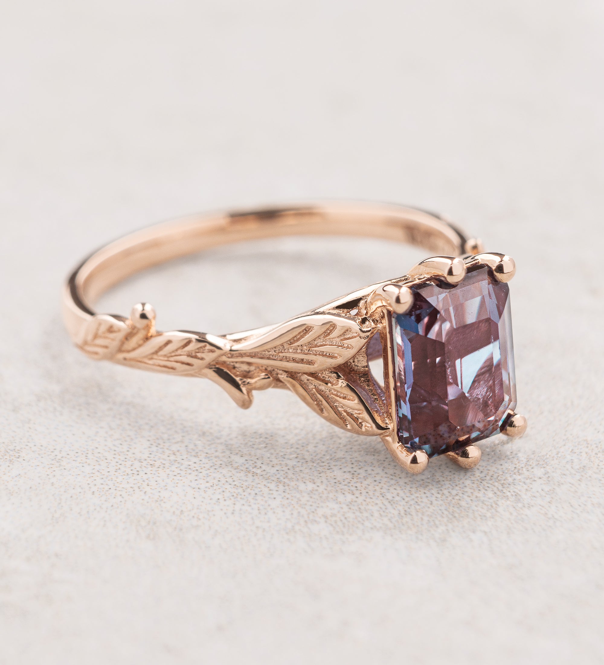 Emerald-cut alexandrite bridal set, nature themed branch proposal ring set / Freesia - Eden Garden Jewelry™