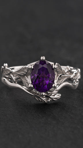 Amethyst engagement ring with a matching leaf wedding band / Freesia - Eden Garden Jewelry™
