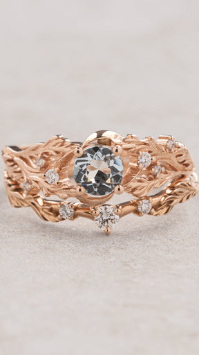 Aquamarine bridal set, gold proposal ring with diamonds / Japanese Maple - Eden Garden Jewelry™