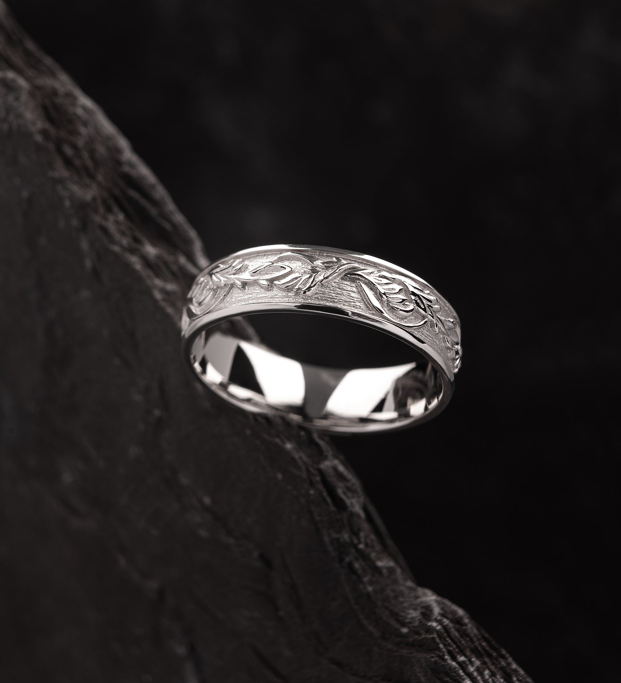 White Gold Leaf Wedding Band for Man, Nature Wedding Rings 14K