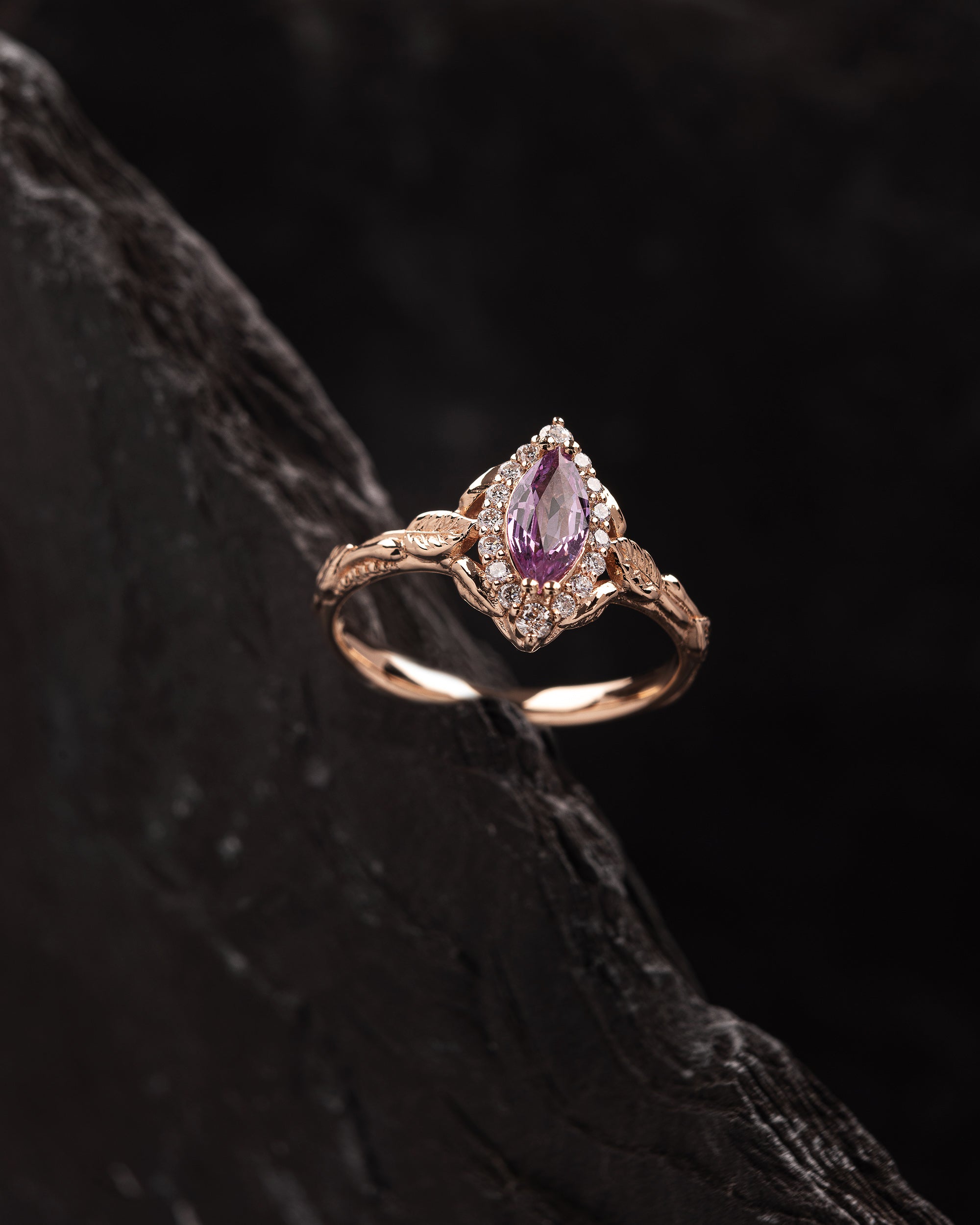 READY TO SHIP: Florentina ring with natural pink sapphire and diamond halo, 14K rose gold, RING SIZES: 5.5 - 8.5 US - Eden Garden Jewelry™