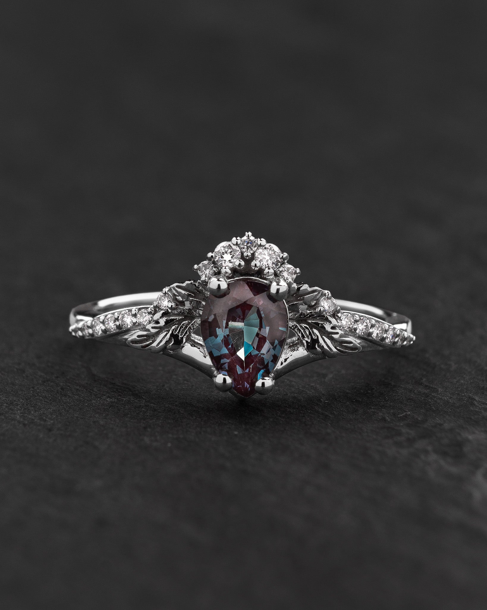Colour changing alexandrite engagement ring, diamond crown proposal ring with lab created alexandrite / Amelia - Eden Garden Jewelry™