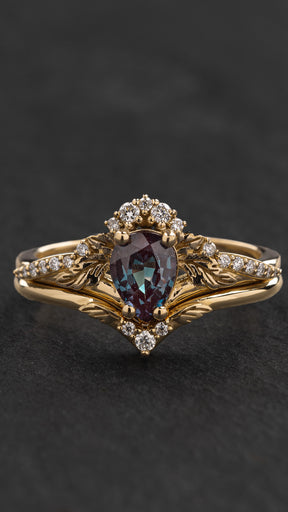 Lab created alexandrite engagement ring set, leaves and diamonds crown bridal ring set / Amelia - Eden Garden Jewelry™