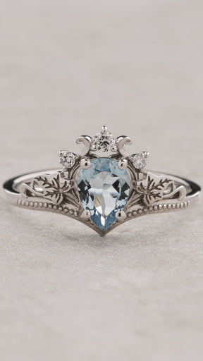 Blue clear aquamarine engagement ring with ivy leaves / Ariadne - Eden Garden Jewelry™