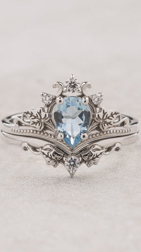 Clear aquamarine bridal ring set, pear cut / Ariadne - Eden Garden Jewelry™