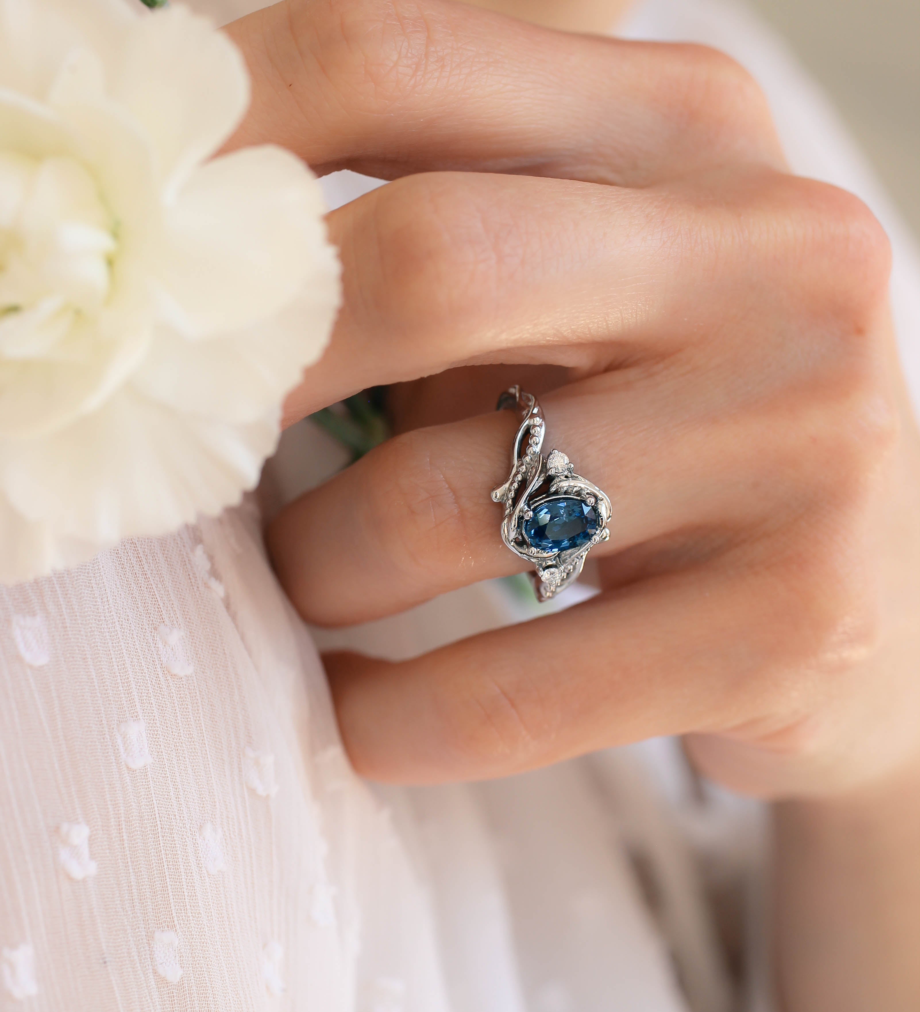 Blue sapphire engagement ring with diamonds / Undina - Eden Garden Jewelry™