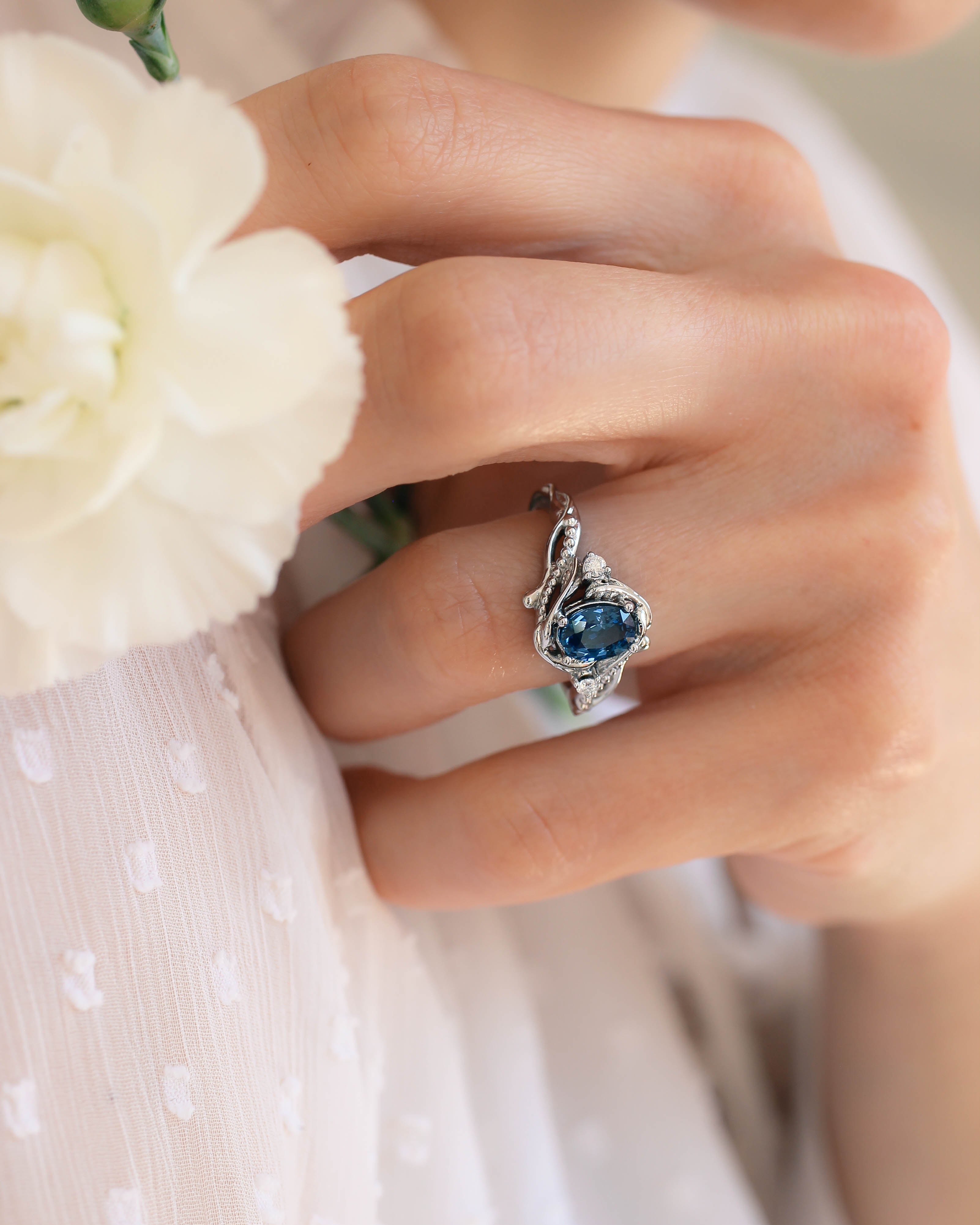 Blue sapphire engagement ring with diamonds / Undina - Eden Garden Jewelry™