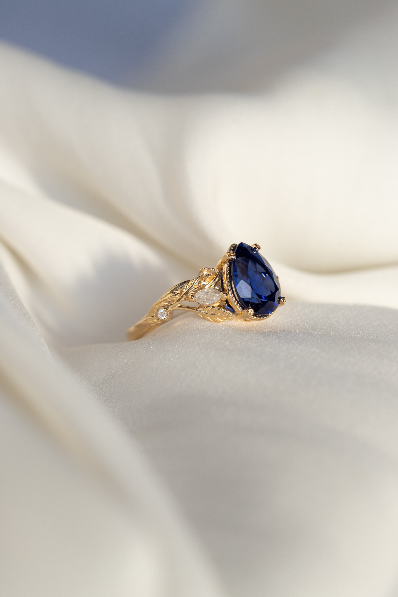 READY TO SHIP: Patricia set in 14K yellow gold, lab created pear cut blue sapphire 10x7 mm, moissanites, RING SIZE 7 US - Eden Garden Jewelry™