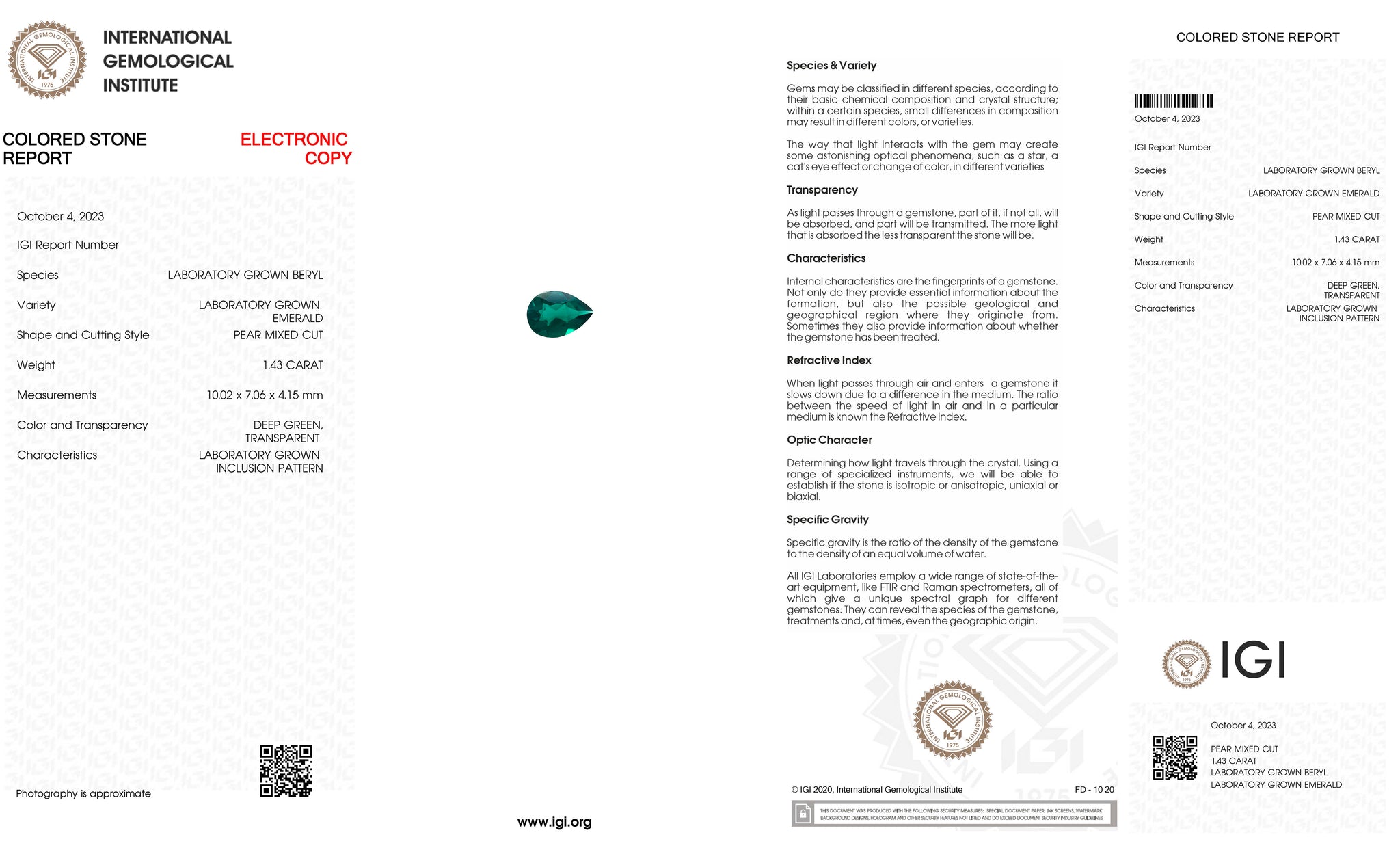 Emerald | IGI certified | Lab-Created Hydrothermal, pear cut 10x7mm, VS 1.43ct - Eden Garden Jewelry™