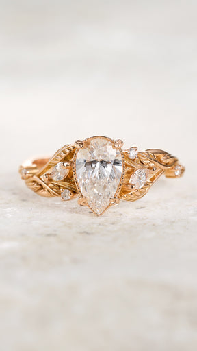 Pear lab grown diamond engagement ring, white gold vines and leaves ring with diamonds / Patricia - Eden Garden Jewelry™