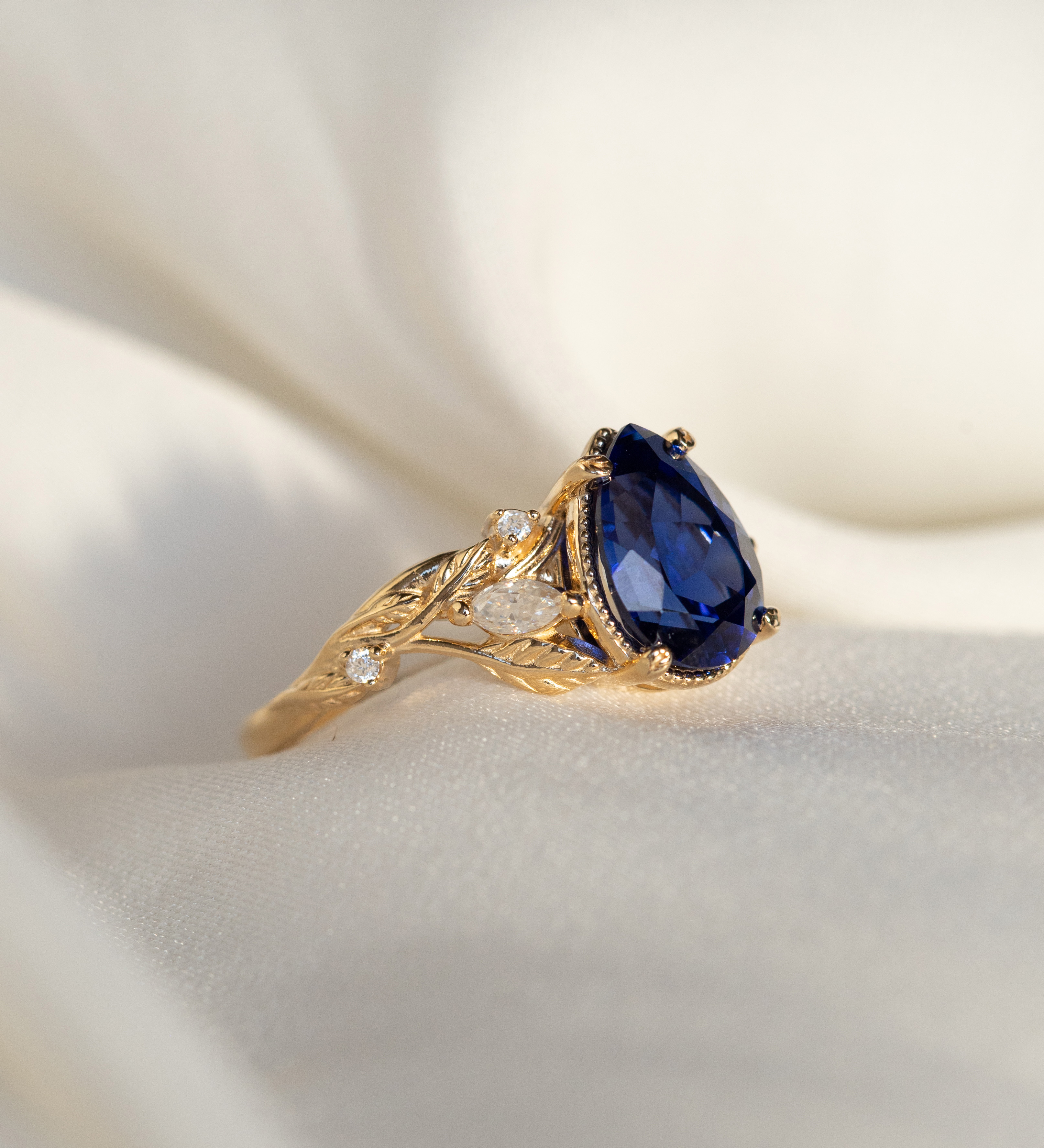 Pear sapphire twig engagement ring, royal blue lab sapphire proposal ring with diamonds / Patricia - Eden Garden Jewelry™