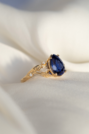 Dark blue lab sapphire engagement ring set, big pear gemstone bridal ring set / Patricia - Eden Garden Jewelry™