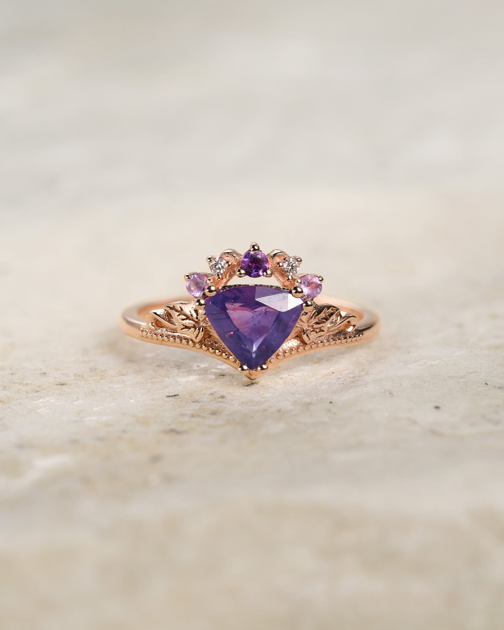 READY TO SHIP: Ariadne bridal set in 14K rose gold, natural purple sapphire, accent amethysts and lab diamonds, AVAILABLE RING SIZES: 5.5 - 8.5 US - Eden Garden Jewelry™
