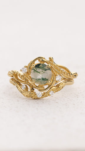 READY TO SHIP Bridal set Undina beautifully crafted in 14K or 18K yellow gold with moss agate and lab-grown diamonds, AVAILABLE RING SIZES: 6.5 - 9.5 US - Eden Garden Jewelry™
