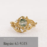 READY TO SHIP: Bridal set Undina beautifully crafted in 14K or 18K yellow gold with moss agate and lab-grown diamonds, AVAILABLE RING SIZES: 6.5 - 9.5 US