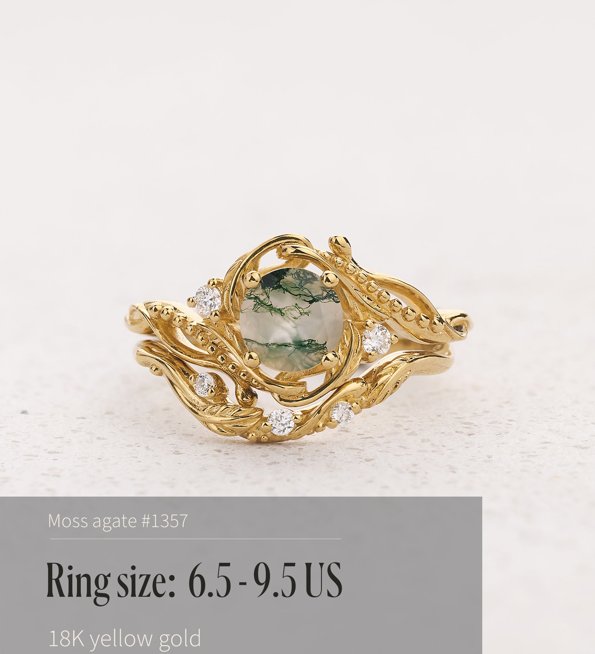 READY TO SHIP: Bridal set Undina beautifully crafted in 14K or 18K yellow gold with moss agate and lab-grown diamonds, AVAILABLE RING SIZES: 6.5 - 9.5 US