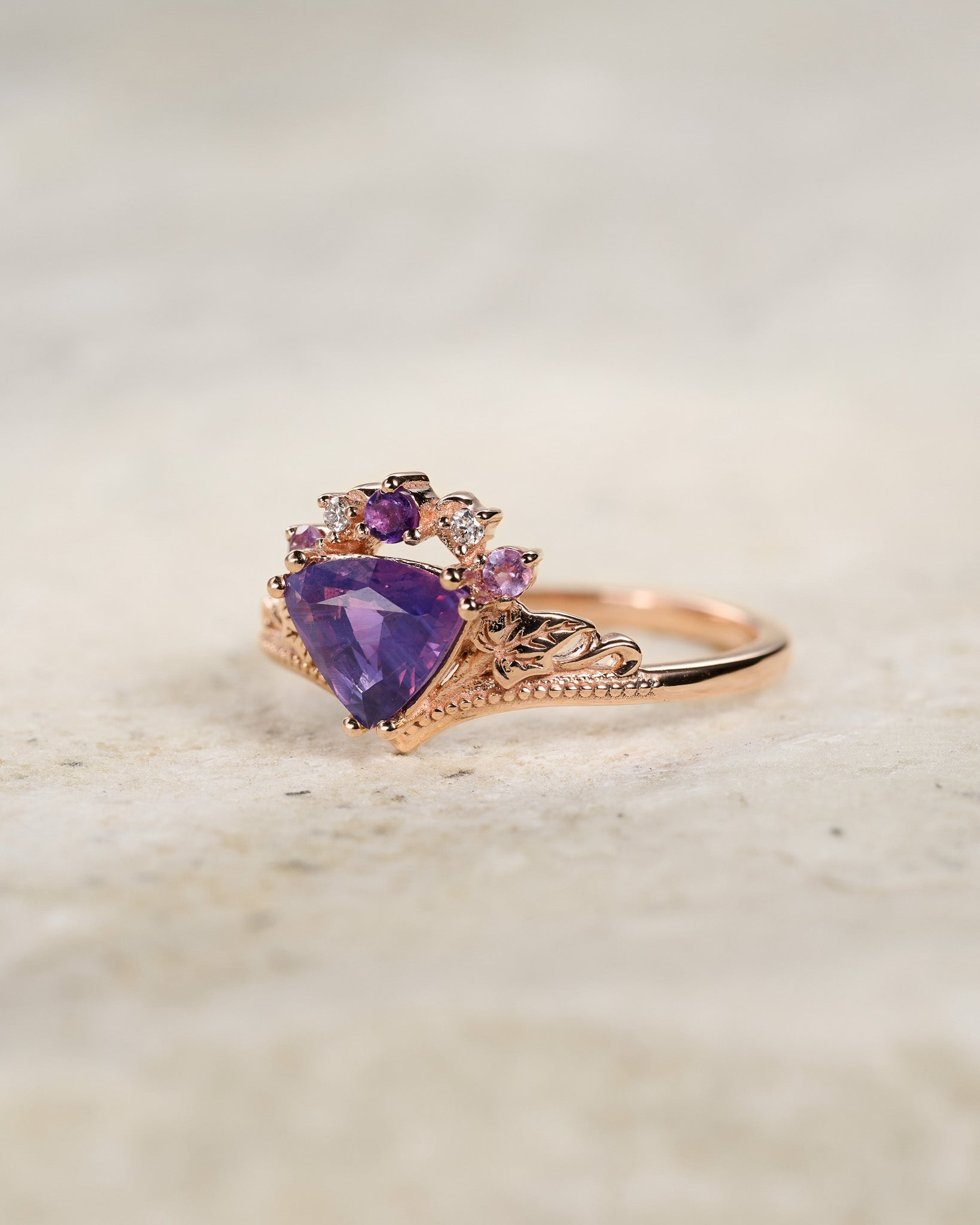 READY TO SHIP: Ariadne bridal set in 14K rose gold, natural purple sapphire, accent amethysts and lab diamonds, AVAILABLE RING SIZES: 5.5 - 8.5 US - Eden Garden Jewelry™