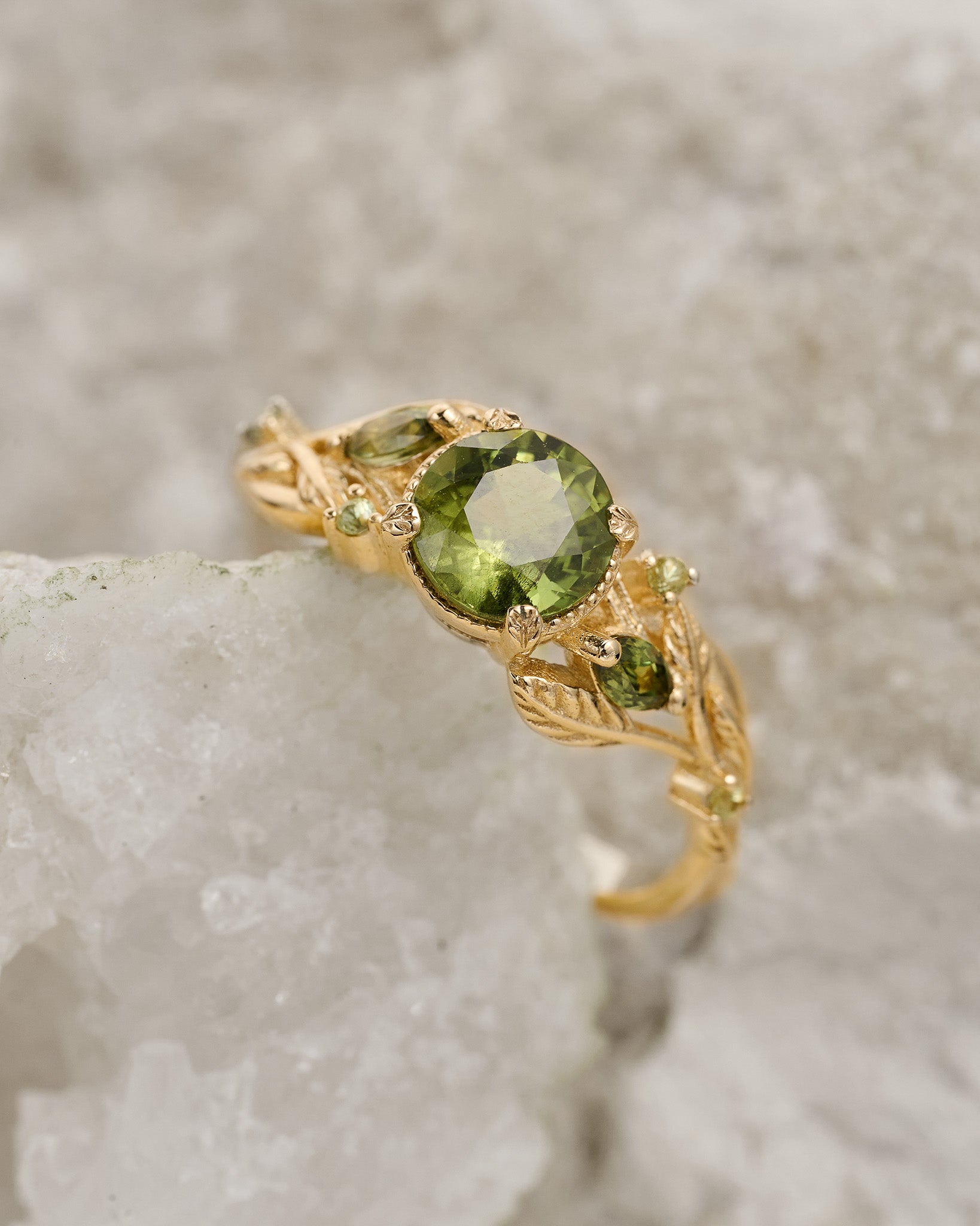 READY TO SHIP: Patricia ring in 14K yellow gold, green sapphire, round cut 6.5mm, accent sapphires & peridots, AVAILABLE RING SIZES: 5.5 - 8.5 US - Eden Garden Jewelry™