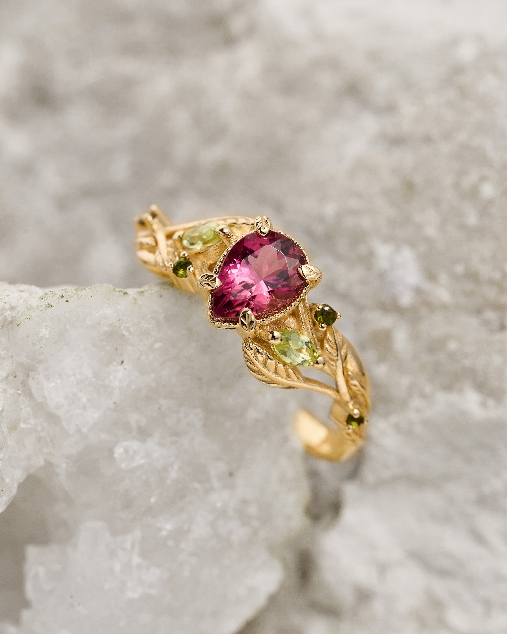READY TO SHIP: Patricia ring in 14K yellow gold, pink tourmaline, pear cut 7x5 mm, accent peridots & tourmalines, AVAILABLE RING SIZES: 5.5 - 8.5 US - Eden Garden Jewelry™