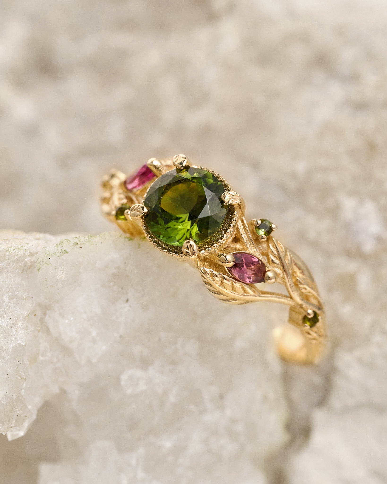 READY TO SHIP: Patricia ring in 14K yellow gold, green tourmaline, round cut 6mm, accent tourmalines, AVAILABLE RING SIZES: 5.5 - 8.5 US - Eden Garden Jewelry™
