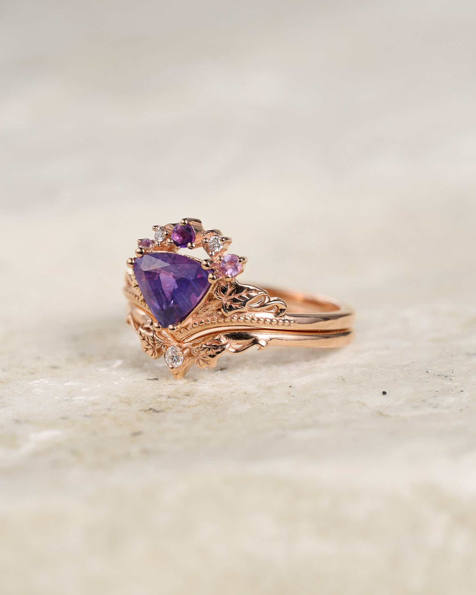 READY TO SHIP: Ariadne bridal set in 14K rose gold, natural purple sapphire, accent amethysts and lab diamonds, AVAILABLE RING SIZES: 5.5 - 8.5 US - Eden Garden Jewelry™