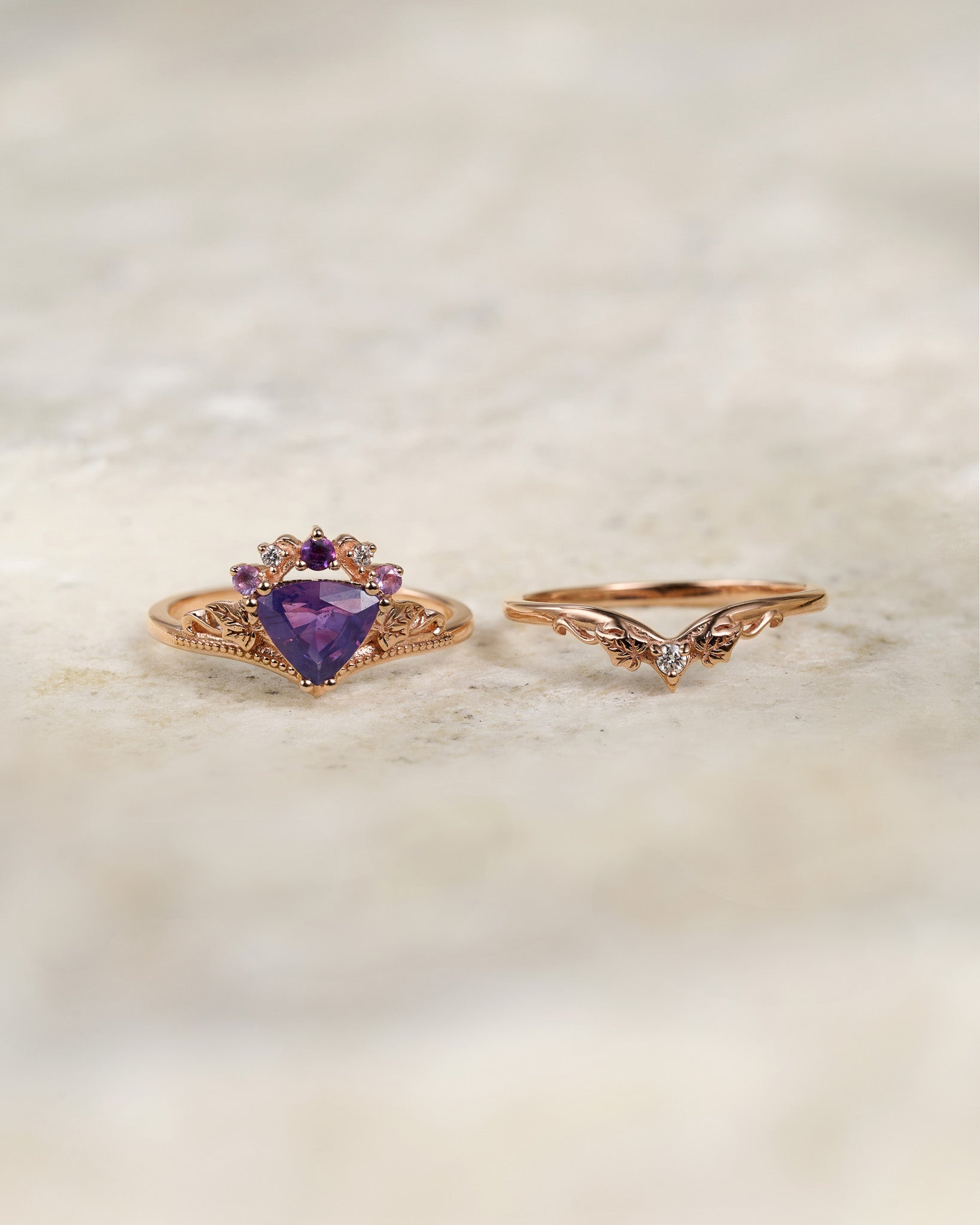 READY TO SHIP: Ariadne bridal set in 14K rose gold, natural purple sapphire, accent amethysts and lab diamonds, AVAILABLE RING SIZES: 5.5 - 8.5 US - Eden Garden Jewelry™