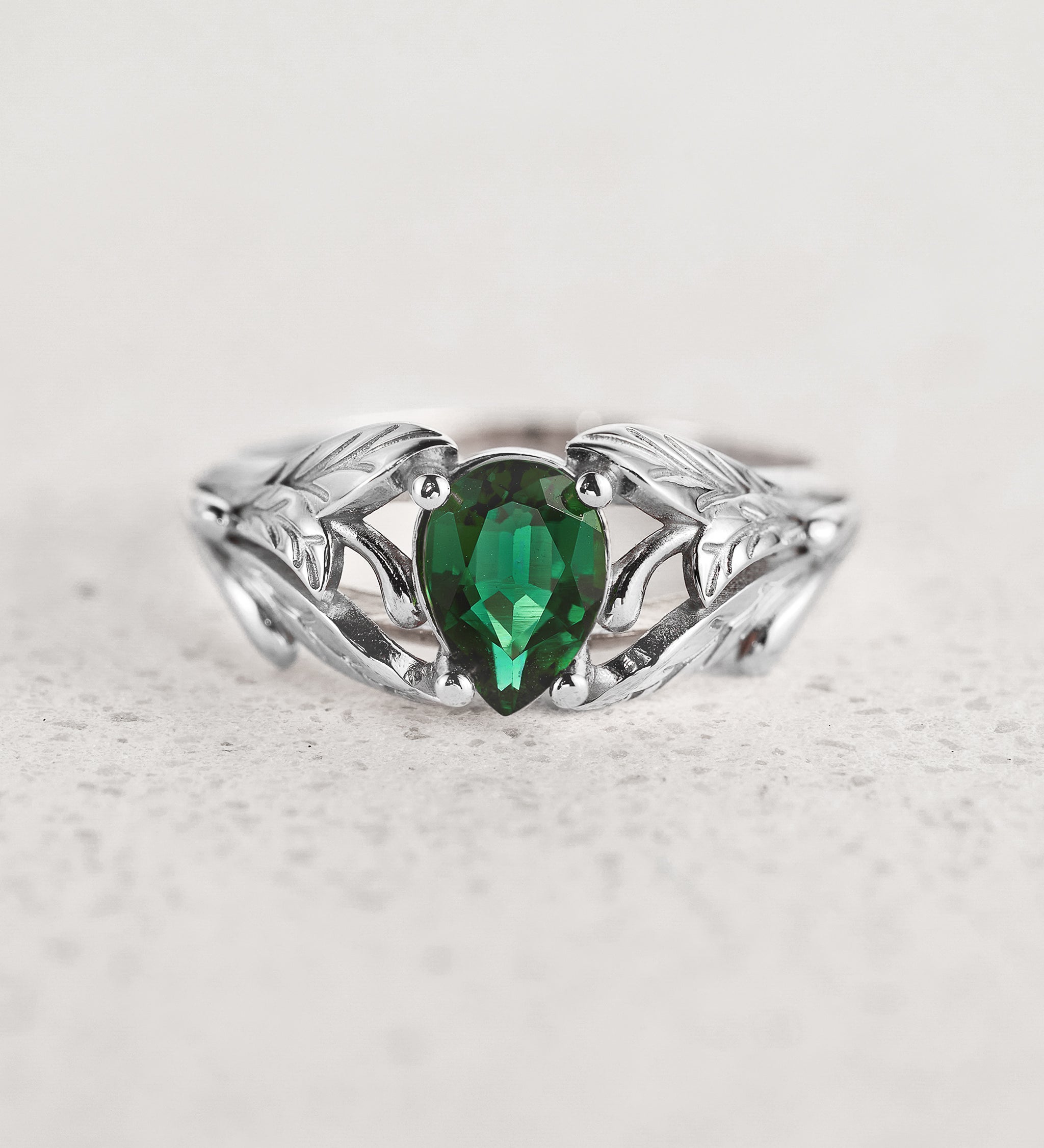 Pear cut emerald ring, leaves engagement ring / Wisteria - Eden Garden Jewelry™