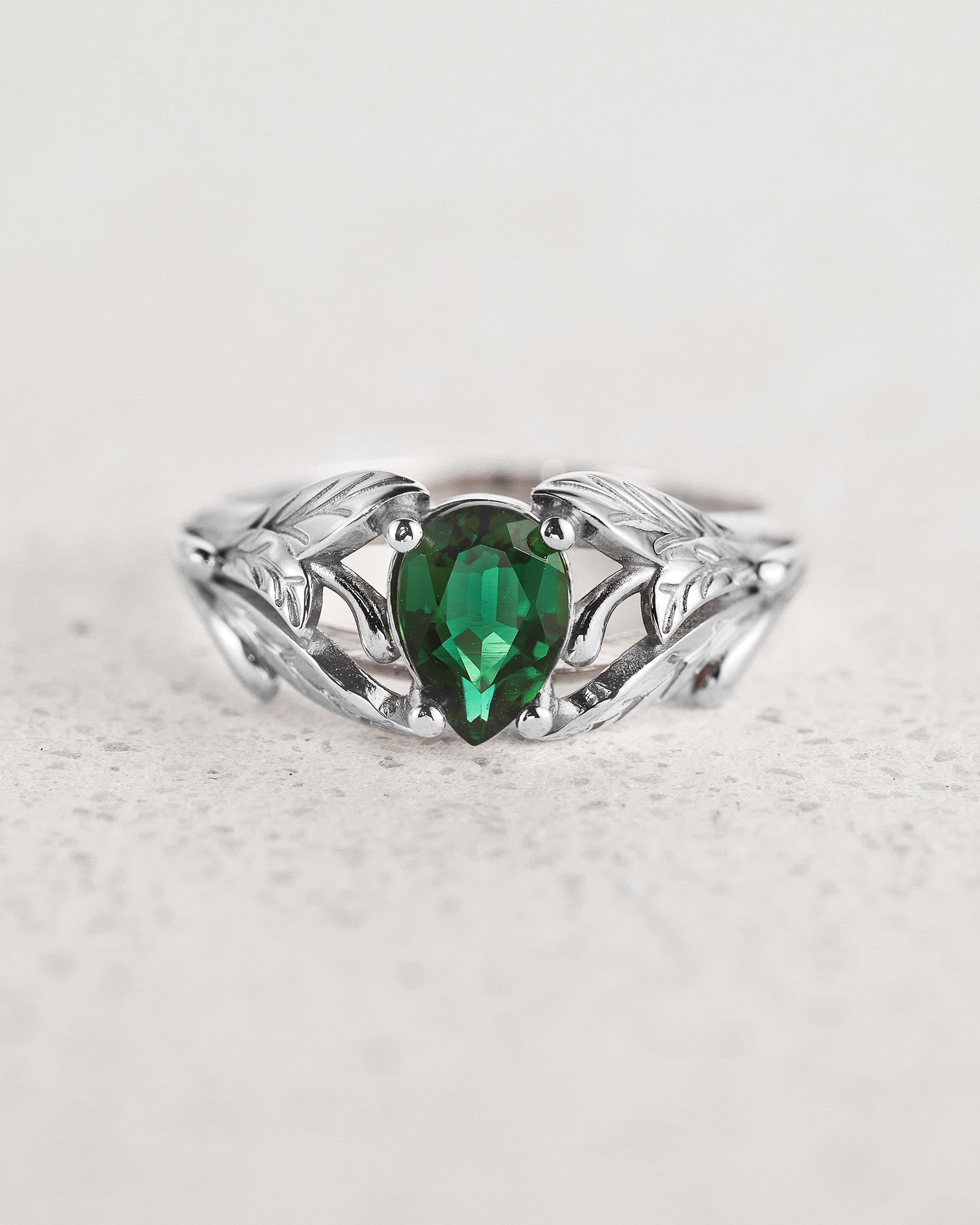 Pear cut emerald ring, leaves engagement ring / Wisteria - Eden Garden Jewelry™