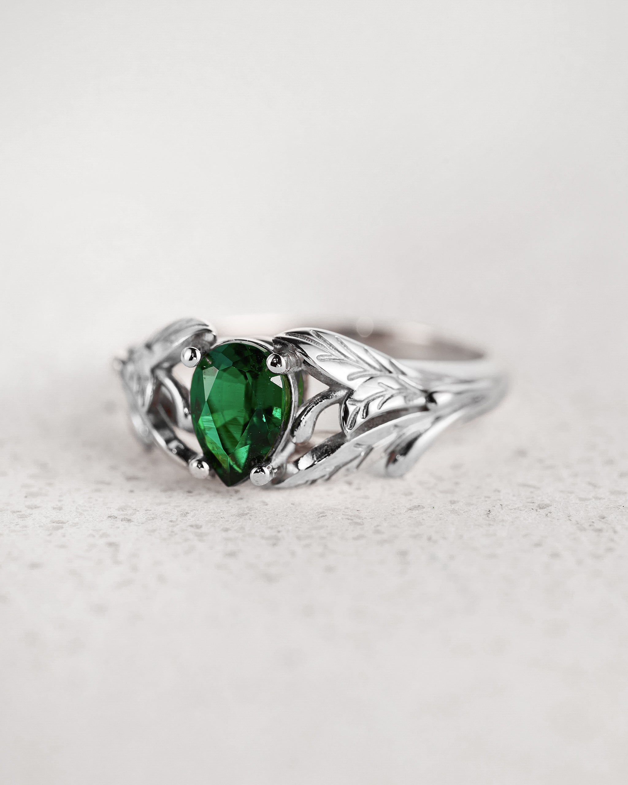 Pear cut emerald ring, leaves engagement ring / Wisteria - Eden Garden Jewelry™