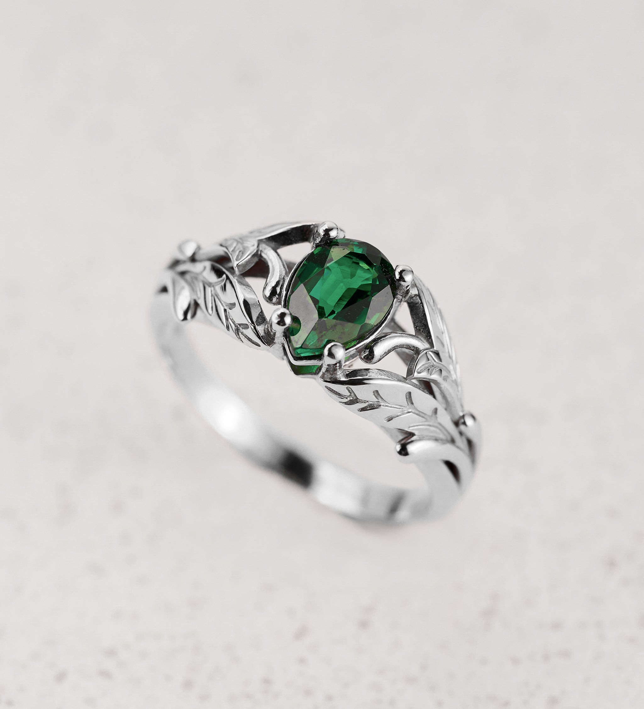 Pear cut emerald ring, leaves engagement ring / Wisteria - Eden Garden Jewelry™