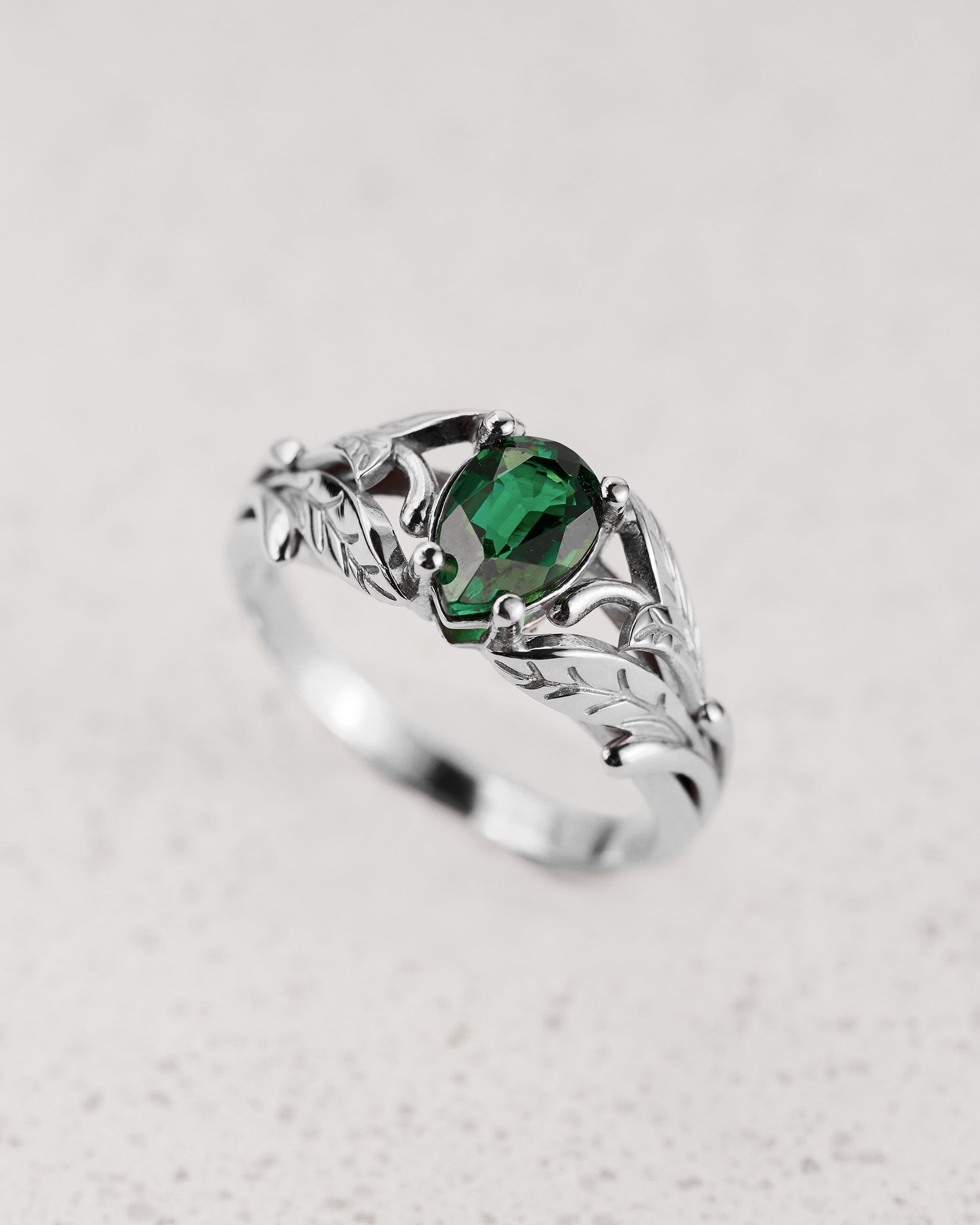 Pear cut emerald ring, leaves engagement ring / Wisteria - Eden Garden Jewelry™