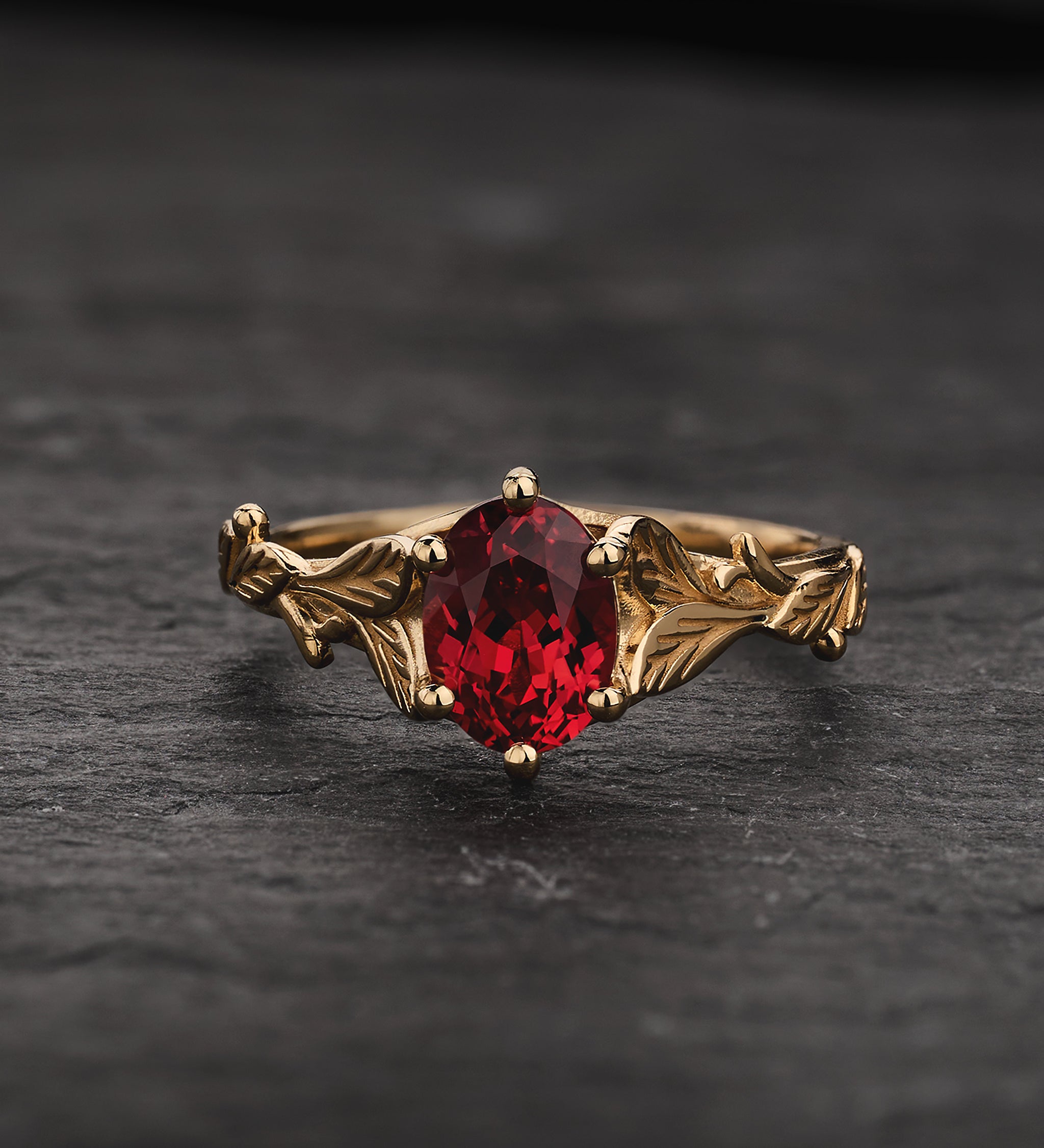 Engagement Ring with Oval Padparadscha Sapphire (Lab-Grown) in Leafy Style / Freesia - Eden Garden Jewelry™