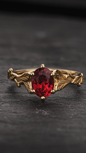 Engagement Ring with Oval Padparadscha Sapphire (Lab-Grown) in Leafy Style / Freesia - Eden Garden Jewelry™