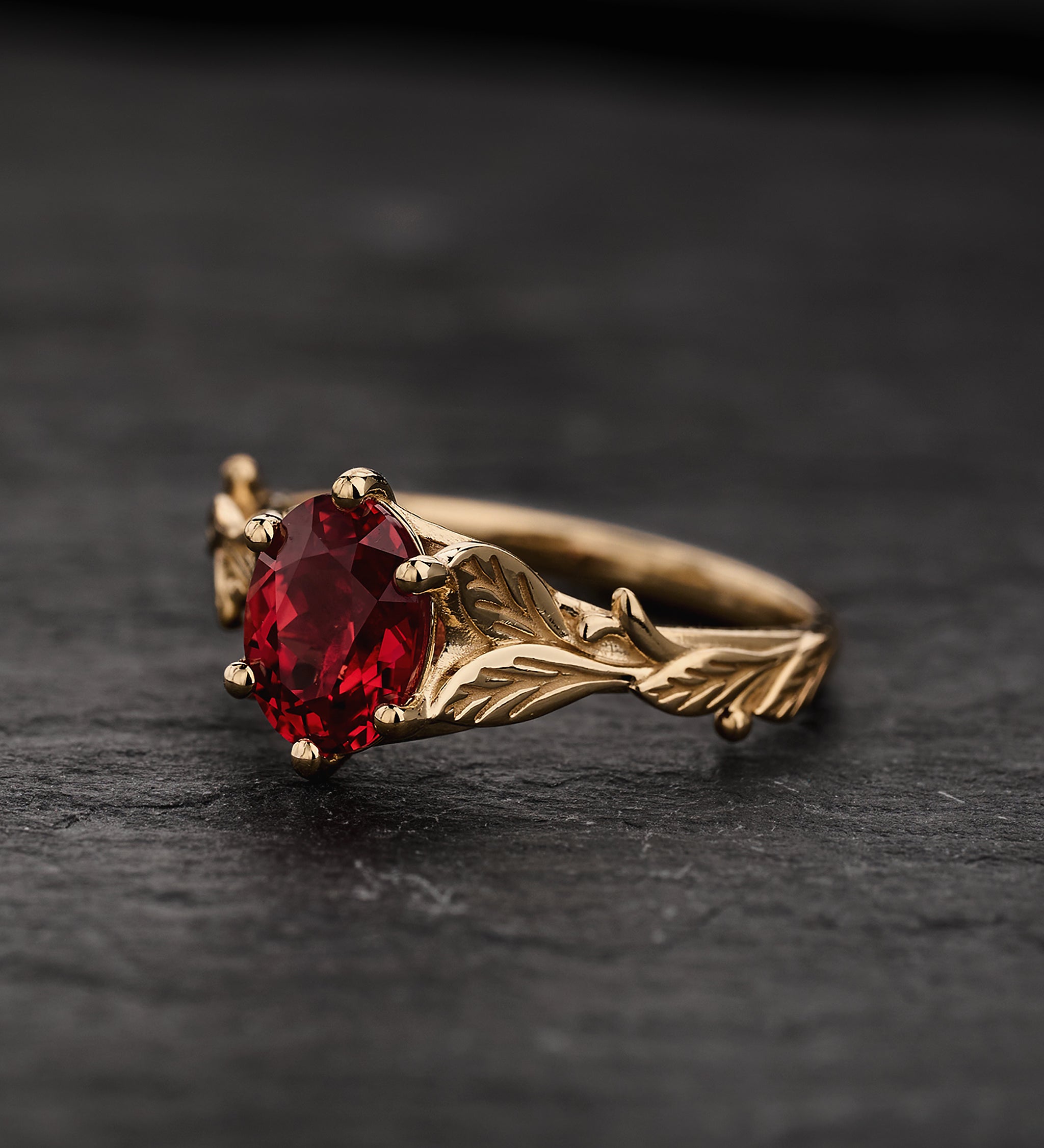 Engagement Ring with Oval Padparadscha Sapphire (Lab-Grown) in Leafy Style / Freesia - Eden Garden Jewelry™