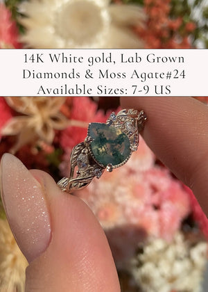 READY TO SHIP: Patricia ring in 14K or 18K white gold, natural moss agate pear cut 8x6 mm, accent moissanites or lab grown diamonds, AVAILABLE RING SIZES: 5.25-10US - Eden Garden Jewelry™