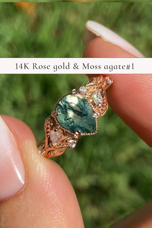 READY TO SHIP: Patricia ring in 14K or 18K rose gold, natural moss agate pear cut 8x6 mm, accent moissanites, AVAILABLE RING SIZES: 6-8US - Eden Garden Jewelry™