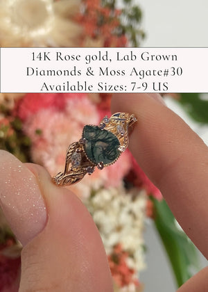 READY TO SHIP: Patricia ring in 14K rose gold, natural moss agate pear cut 8x6 mm, accent lab grown diamonds, AVAILABLE RING SIZES: 5.5-9US - Eden Garden Jewelry™