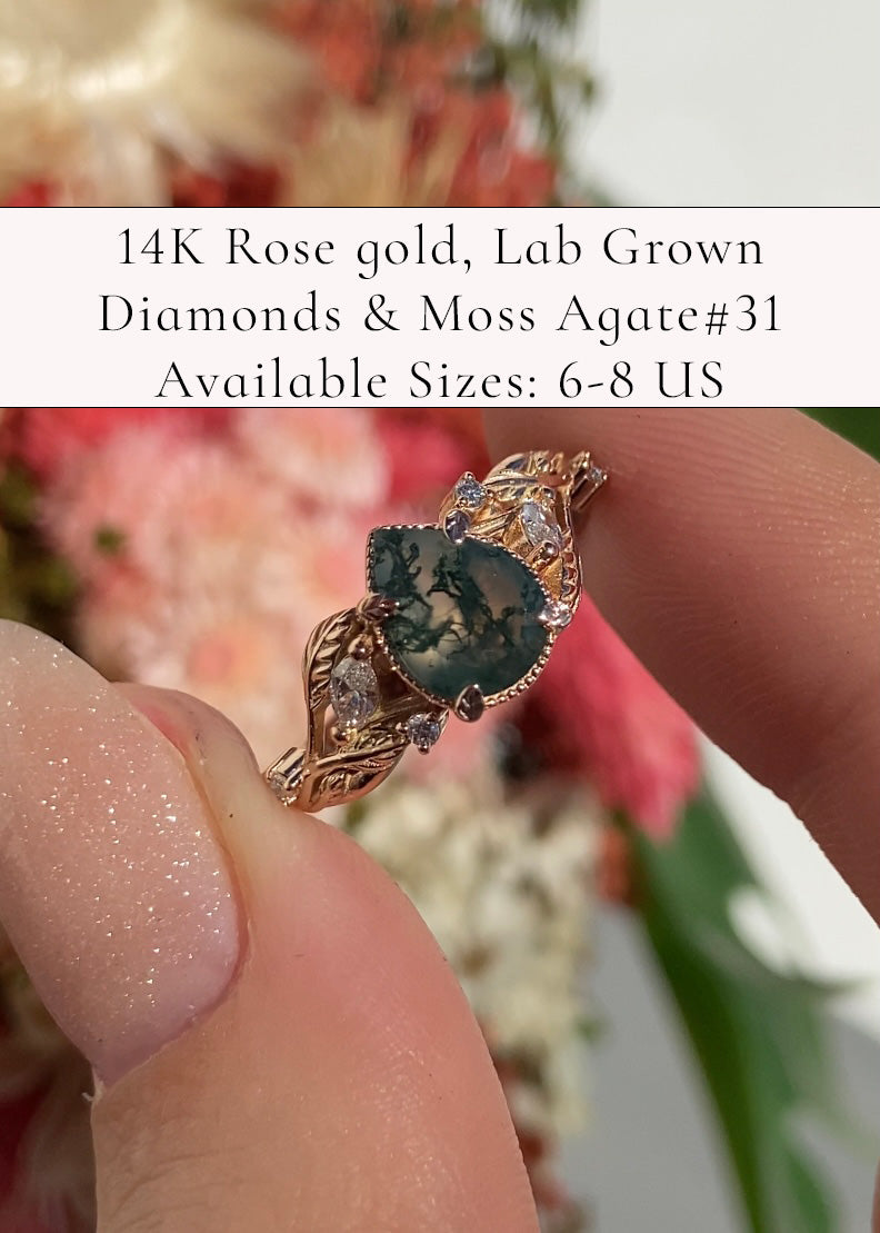 READY TO SHIP: Patricia ring in 14K rose gold, natural moss agate pear cut 8x6 mm, accent lab grown diamonds, AVAILABLE RING SIZES: 5.5-9US - Eden Garden Jewelry™
