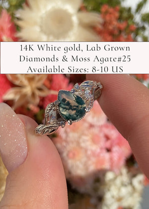 READY TO SHIP: Patricia ring in 14K or 18K white gold, natural moss agate pear cut 8x6 mm, accent moissanites or lab grown diamonds, AVAILABLE RING SIZES: 5.25-10US - Eden Garden Jewelry™