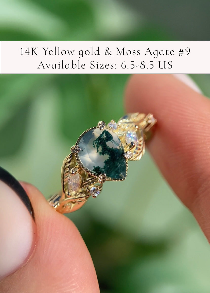 READY TO SHIP: Patricia ring in 14K or 18K yellow gold, natural moss agate pear cut 8x6 mm, accent moissanites, AVAILABLE RING SIZES: 5-9.5US - Eden Garden Jewelry™
