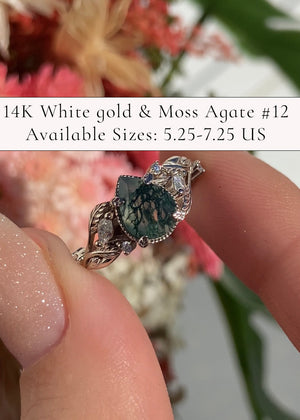 READY TO SHIP: Patricia ring in 14K or 18K white gold, natural moss agate pear cut 8x6 mm, accent moissanites, AVAILABLE RING SIZES: 5.25-8US - Eden Garden Jewelry™