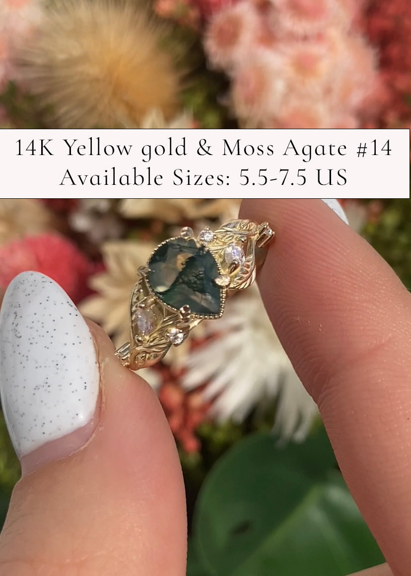 READY TO SHIP: Patricia ring in 14K or 18K yellow gold, natural moss agate pear cut 8x6 mm, accent moissanites, AVAILABLE RING SIZES: 4 - 10 US