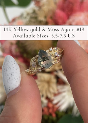 READY TO SHIP: Patricia ring in 14K or 18K yellow gold, natural moss agate pear cut 8x6 mm, accent moissanites, AVAILABLE RING SIZES: 4.5-9.5US - Eden Garden Jewelry™