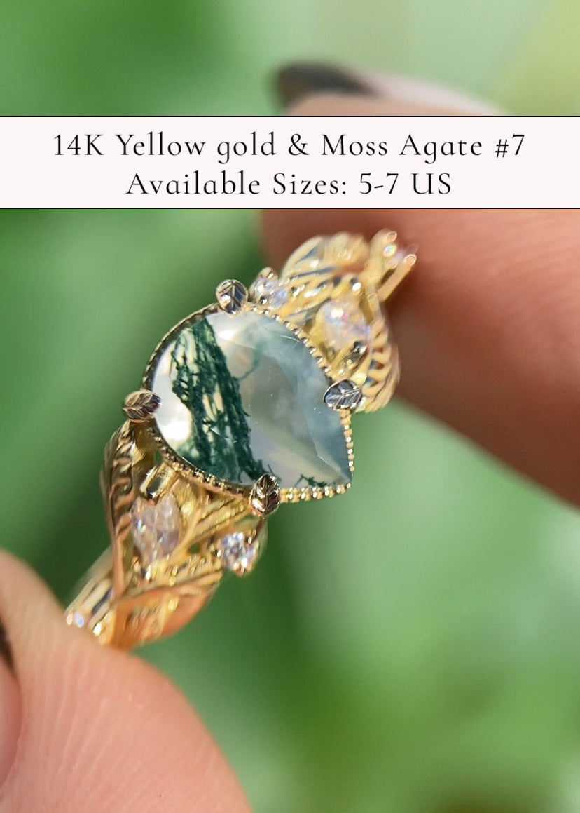READY TO SHIP: Patricia ring in 14K or 18K yellow gold, natural moss agate pear cut 8x6 mm, accent moissanites, AVAILABLE RING SIZES: 5-9.5US - Eden Garden Jewelry™