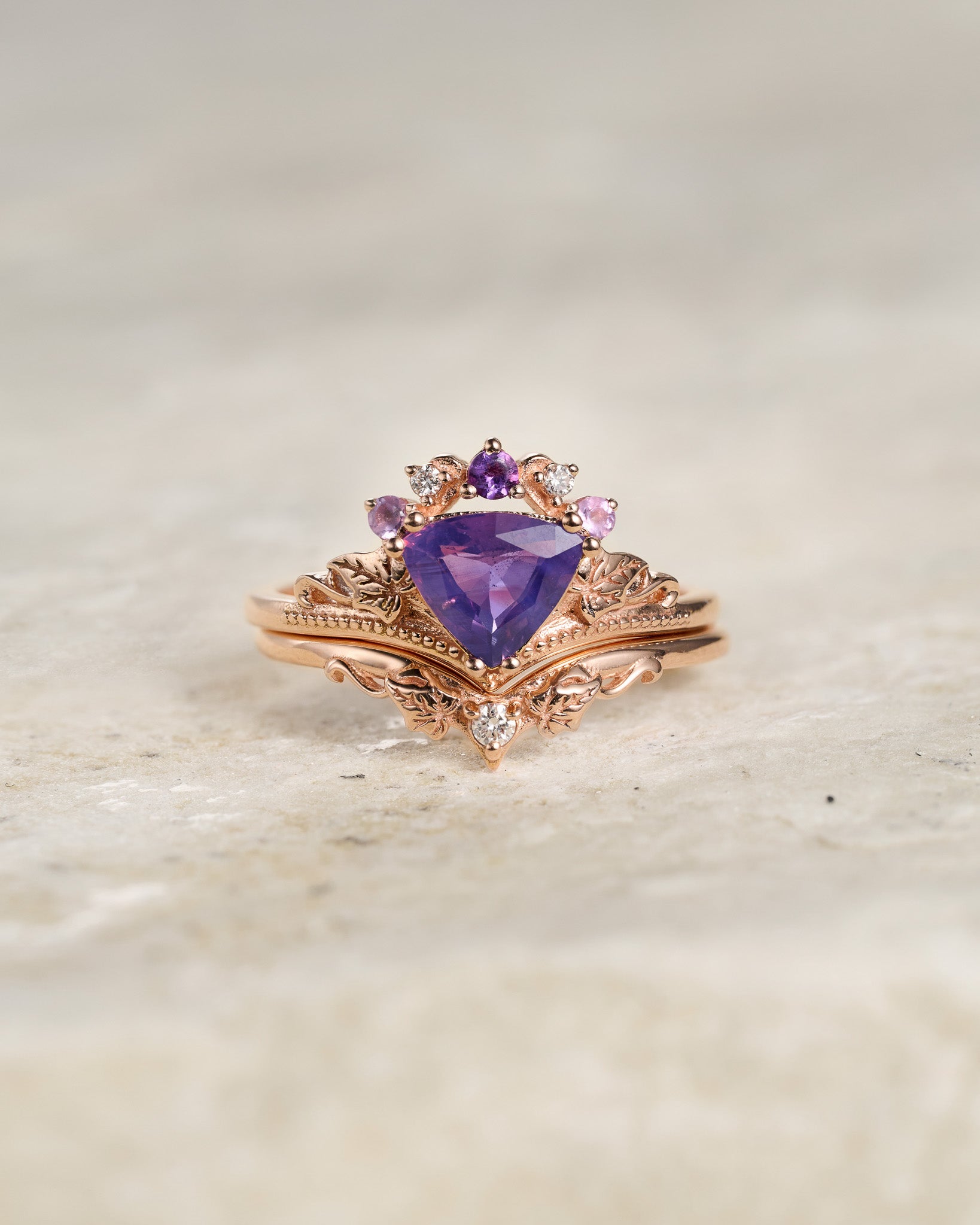 READY TO SHIP: Ariadne bridal set in 14K rose gold, natural purple sapphire, accent amethysts and lab diamonds, AVAILABLE RING SIZES: 5.5 - 8.5 US - Eden Garden Jewelry™